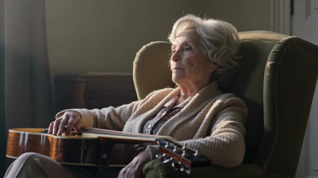 Leaning senior woman turning toward window light in home, wearing beige cardigan and holding guitar