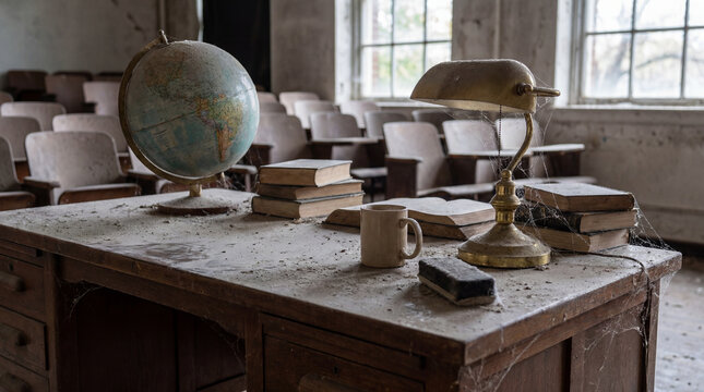 Professional Dramatic Photo Detailing Thick Layers Of Dust Covering Professor Desk Inside Abandoned Creepy Classroom
