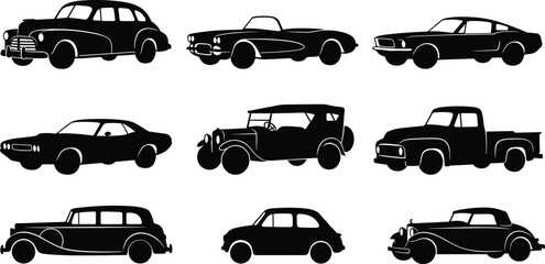 Classic vintage cars black silhouette vector illustration collection featuring old school automotive vehicles muscle cars pickup truck and retro roadsters isolated on white background  © MstMonjila