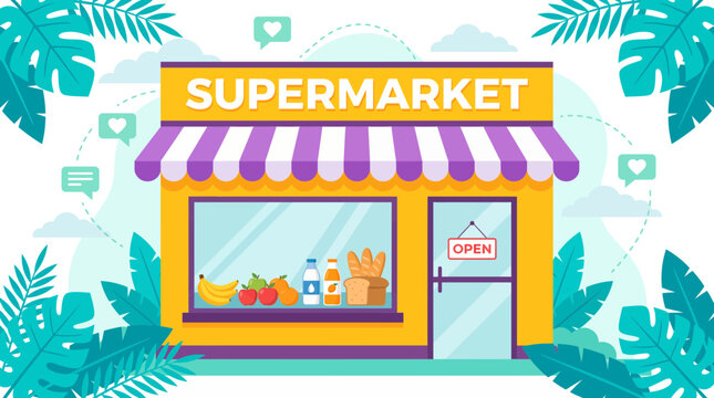Colorful flat vector of a supermarket facade with fresh groceries in the display window and tropical leaves, illustrating retail commerce and representing local grocery store shopping