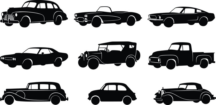 Classic vintage cars black silhouette vector illustration collection featuring old school automotive vehicles muscle cars pickup truck and retro roadsters isolated on white background
