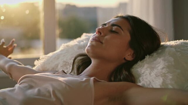 Sunlight causing woman in camisole raising arms and stretching on bed with pillow near window