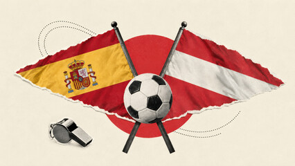 Fototapeta premium Spain and Austria football match graphic with national flag colours, collage style illustration