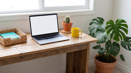 Fototapeta premium Sustainable Minimalist Desk with Blank Laptop and Bright Accessories for Eco Friendly Workspace Mockup Backgrounds