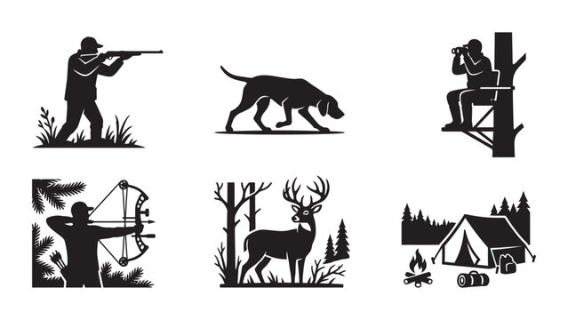 Set of hunting and outdoor activity silhouettes including hunters wildlife and camping.