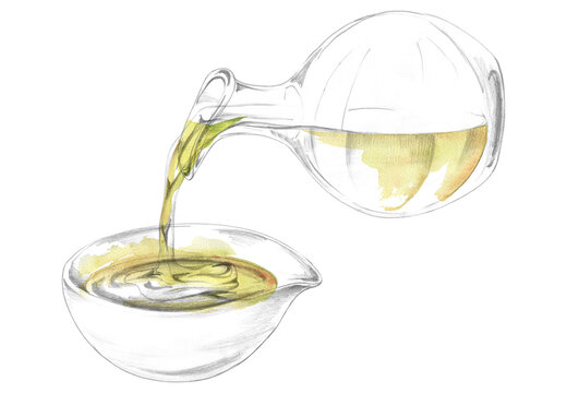 Mediterranean olive oil, vinegar, liquid dressing, wine poured into dip cup. Hand drawn in pencil and watercolor. Product branding, gourmet catalogs, hospitality design, kitchen decor, recipe graphics