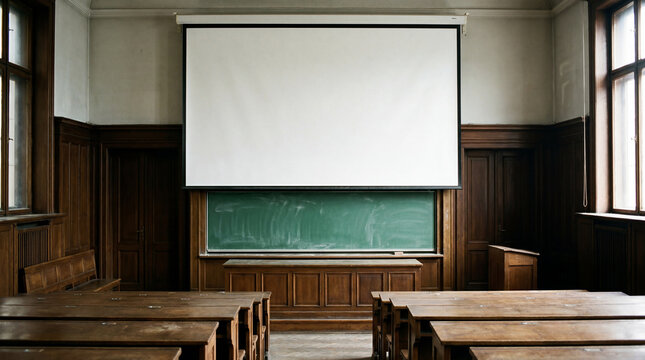 Large Blank Projection Screen Pulled Down Over Classic Green Chalkboard Inside Traditional University Lecture Hall