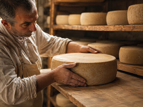 Fromager inspectant des meules de fromage en cave