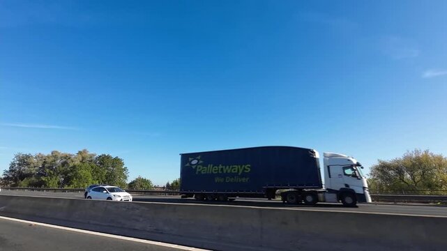 Car Drive on British Highways. Car Mounted Camera Time Lapse Footage of British Road Travel and Traffic During Blue Sky and Mostly Sunny Day Drive on British Motorways and Highways of England UK