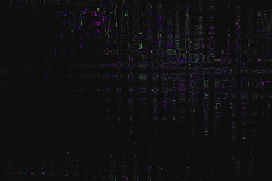 Glitchy digital distortion with purple and green noise on black