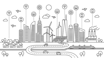 Obraz premium Modern smart city skyline line art illustration with skyscrapers wind turbines solar panels and connectivity icons, representing urban planning development, provides smart technology infrastructure