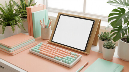 Fototapeta premium Peach and Mint Workstation with Blank Tablet Keyboard for Minimal Pastel Technology Mockup Backgrounds Visuals