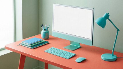 Naklejka premium Stylish Coral Office Desk Featuring Turquoise Equipment Blank Monitor Stacked Notebooks And Premium Writing Pens