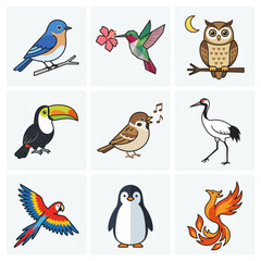 Fototapeta premium A collection of nine distinct cartoon bird illustrations, including a bluebird, hummingbird, owl, toucan, sparrow, crane, macaw, penguin, and phoenix.
