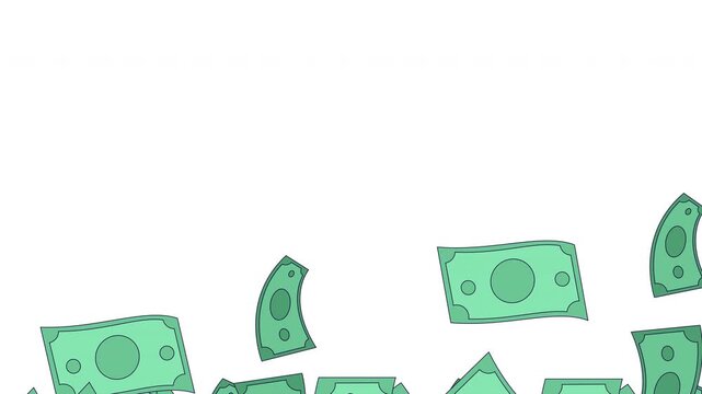 Falling green paper money bills transition effect video overlay. Investing finance. Rich cash. Animated flat cartoon cascade on transparent background. Scene change. Creative wipe motion graphic