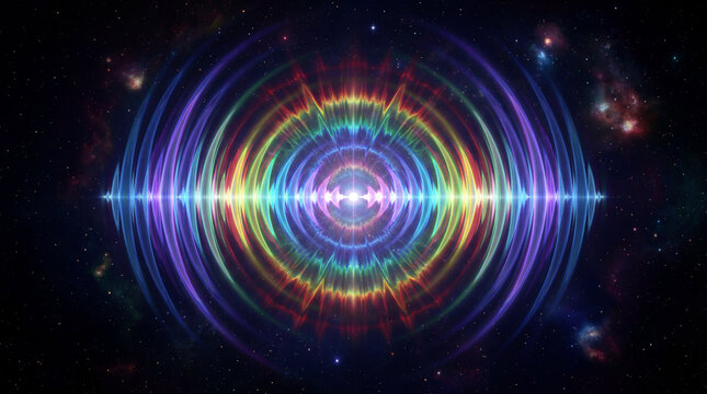 Exploding Space Supernova Bursting Into Beautiful Symmetrical Pattern Of Colorful Audio Waves On Dark Background