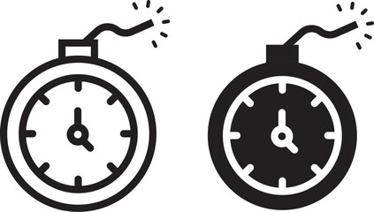 Ticking time bomb icon in black silhouette and outline style, danger and countdown concept. Time bomb with clock icon graphic design. Vector icon illustrations. Ticking Time Bomb Icon in Black Silhoue © TASLIMA