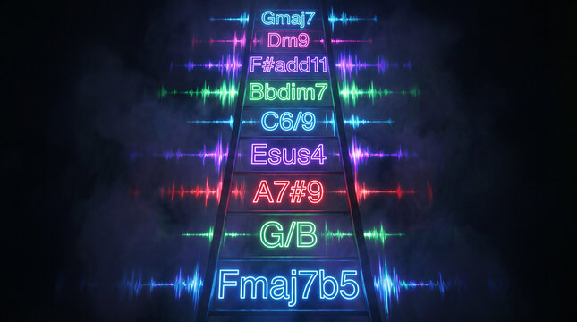Floating Neon Chord Symbols Create Vertical Music Ladder for Futuristic Sound Design Background Visuals Art