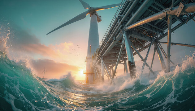Dramatic sunset view of an offshore wind turbine and industrial platform standing strong against powerful, crashing ocean waves, evoking hope for a sustainable future. Nobody.