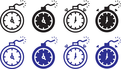 Ticking time bomb icon in black silhouette and outline style, danger and countdown concept. Time bomb with clock icon graphic design. Vector icon illustrations. Ticking Time Bomb Icon in Black Silhoue © TASLIMA