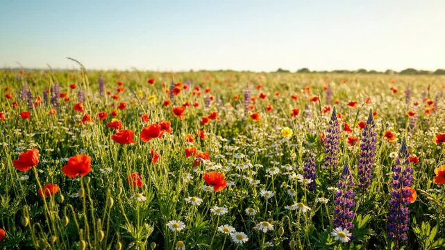 Vibrant Wildflower Meadow with Red Poppies and Purple Lupine Under Clear Blue Sky at Golden Hour for Nature and Summer Themes