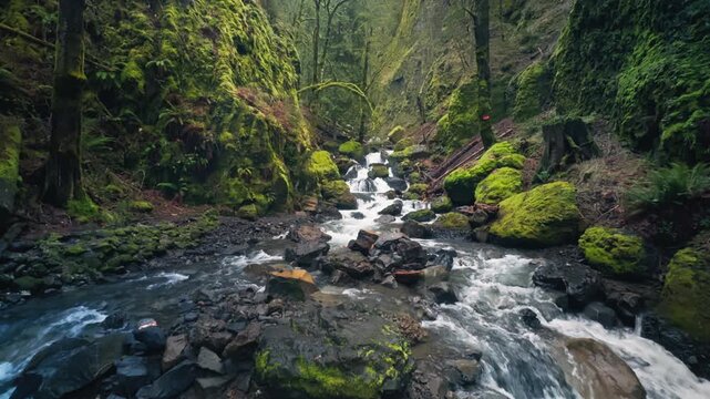 Wide establishing of rocky creek and cascades between vibrant mossy canyon walls, river divides flowing downstream
