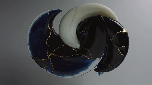 Frames advancing showing interlocked crescents rotating on gray backdrop, revealing gold seams