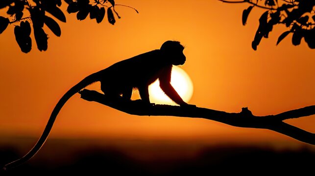 Silhouette of a Monkey Perched on a Tree Branch During Sunset.