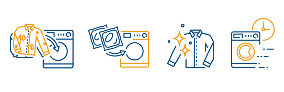 icon set, clean clothes, quick wash, washing gel capsule for washing machine, loading dirty laundry, outline editable vector icons