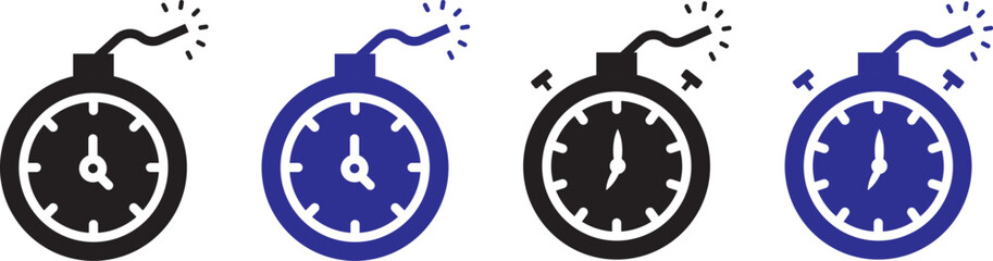 Ticking time bomb icon in black silhouette and outline style, danger and countdown concept. Time bomb with clock icon graphic design. Vector icon illustrations © TASLIMA