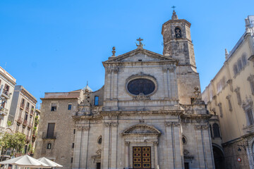 Fototapeta premium Basilica of Our Lady of Mercy Facade In Barcelona, Basilica de la Merce, Baroque Architecture, Bell Tower, Gothic Quarter