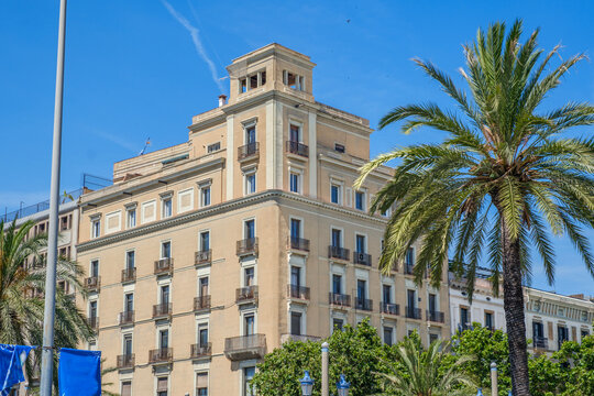 Building Facade In Barcelona, Classic Historic, Passeig de Colom, Mediterranean Architecture, Urban Tourism