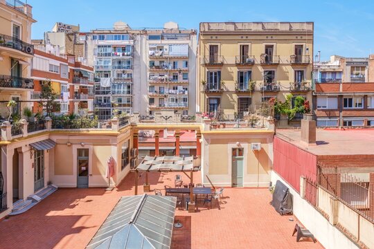 Courtyard Terrace Of Residential Buildings In Barcelona, Eixample Inner Block, Apartments Balconies, Urban Architecture