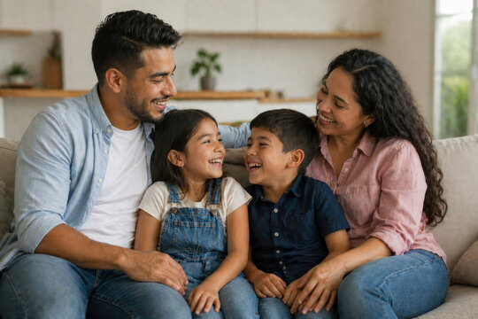 Happy Hispanic Family Together on Sofa, Smiling Latino Parents with Two Cheerful Children, Love, Bonding, Togetherness
