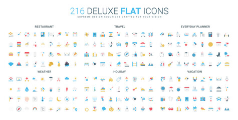 Comprehensive flat icon collection featuring restaurant, travel, planner, weather, holiday, and vacation themes, ideal for diverse digital projects isolated vector illustration © Iconic Prototype