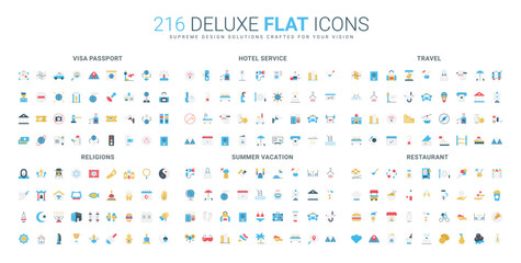 Colorful flat icons set covers travel, visa, hotel service, restaurant, summer vacation, and world religions themes, useful for global tourism and hospitality isolated vector illustration © Iconic Prototype
