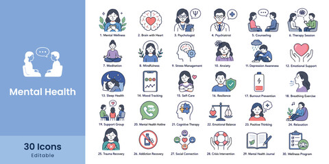 Fototapeta premium Collection of mental health icons representing wellness therapy and support services