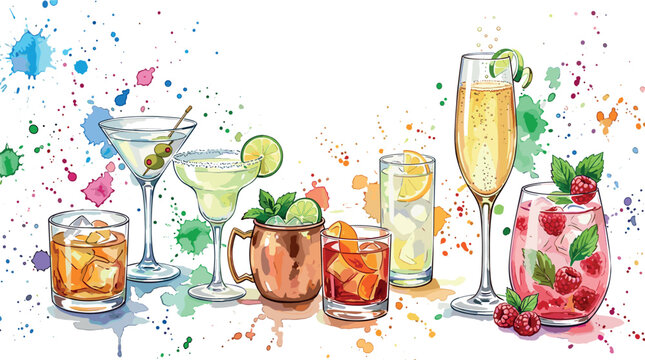 Watercolor cocktail drinks banner vector illustration with colorful paint splashes of margarita martini mojito and champagne on white background