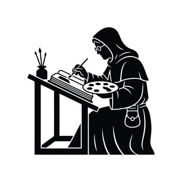Monk artist painting in scriptorium with illuminated manuscript and art supplies creating medieval illustration