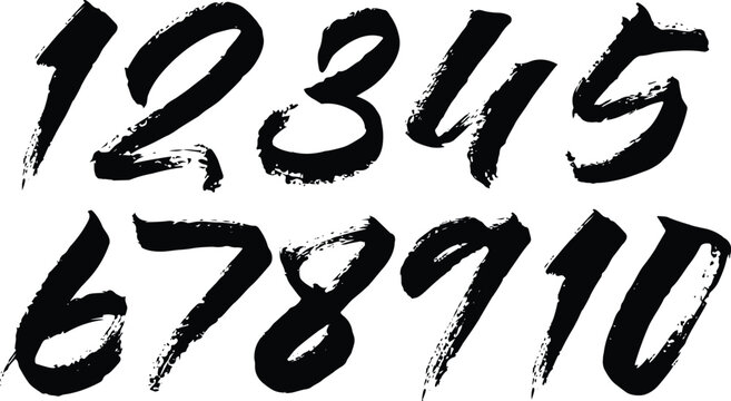 Numbers Hand painted. Numbers from 1 to 9.Realistic rough black marker. Set of ink lines. Vector set of calligraphic ink numbers. Design elements, brush lettering. Number Vector paintbrush, Numbers