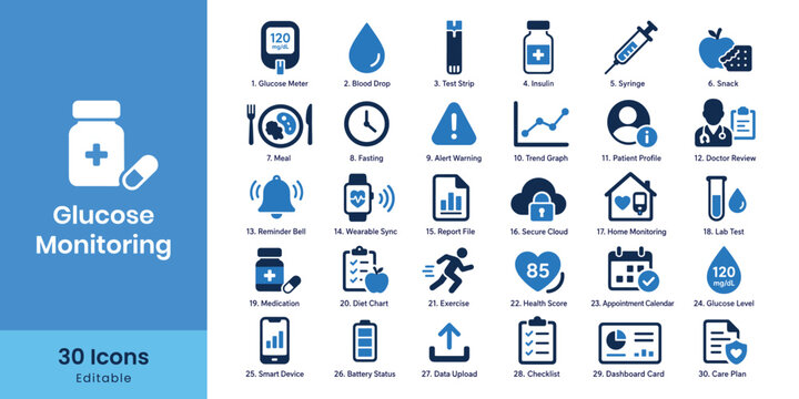 Glucose monitoring icons with medical supplies in a clean digital infographic style for health apps