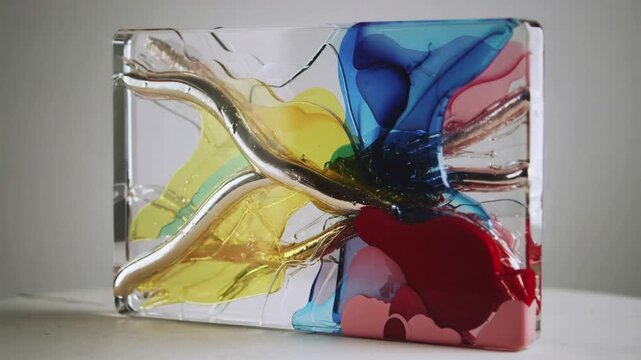 Rotating camera circling resin panel on white table, revealing pigments and metallic tubes