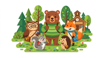 Naklejka premium Kawaii Forest School Animals with Backpacks Cute Educational Flat Illustration