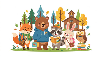 Fototapeta premium Adorable Woodland Animal Students Back to School Cartoon Vector Illustration