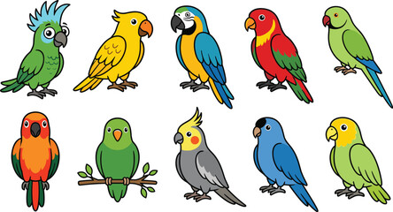 Cute cartoon parrot vector illustration set featuring colorful tropical birds like macaws cockatiels and parakeets isolated on white background
