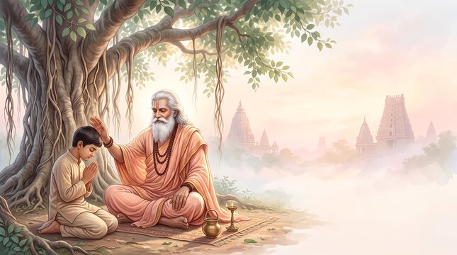 An elderly Indian guru with a long white beard blessing a young student kneeling in prayer under a sacred banyan tree with ancient Hindu temples in the misty background during Guru Purnima festival.