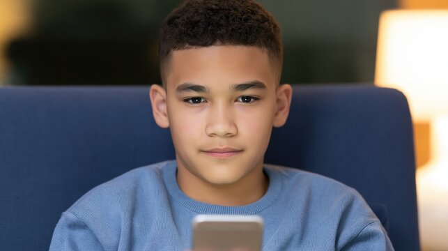 A boy with crewcut hairstyle is using smartphone on couch at home: no more parental controls on vacation