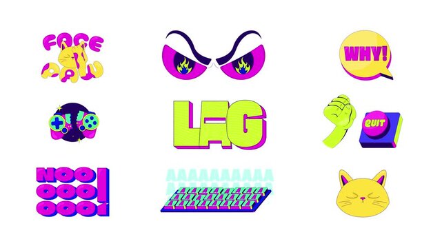 Rage quit and frustration gaming reaction 2D animation set. Tilted angry gamer expressions. Esports fails. Internet culture. Flat cartoon animated overlay pack. Streaming platform motion graphics