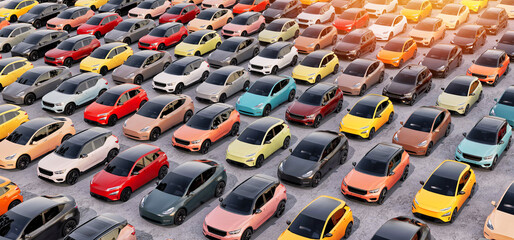 Large outdoor parking lot filled with modern electric cars automobile industry © DigitalPenTH
