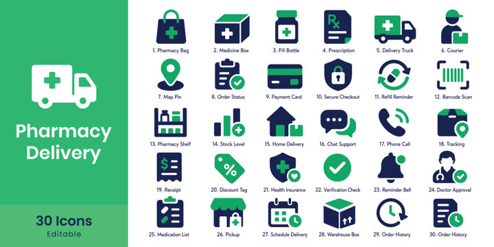 Pharmacy delivery service icons with medicine truck and healthcare symbols on white background